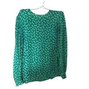 Vintage Sandra Roth CiaoSport 100% Silk Bow Blue Green Long Sleeve Blouse 8